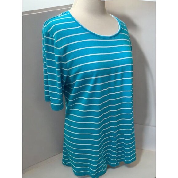 Chicos Relaxed Scoop Neck XL Short Elbow Sleeve Tee Turquoise White Striped - Picture 7 of 8